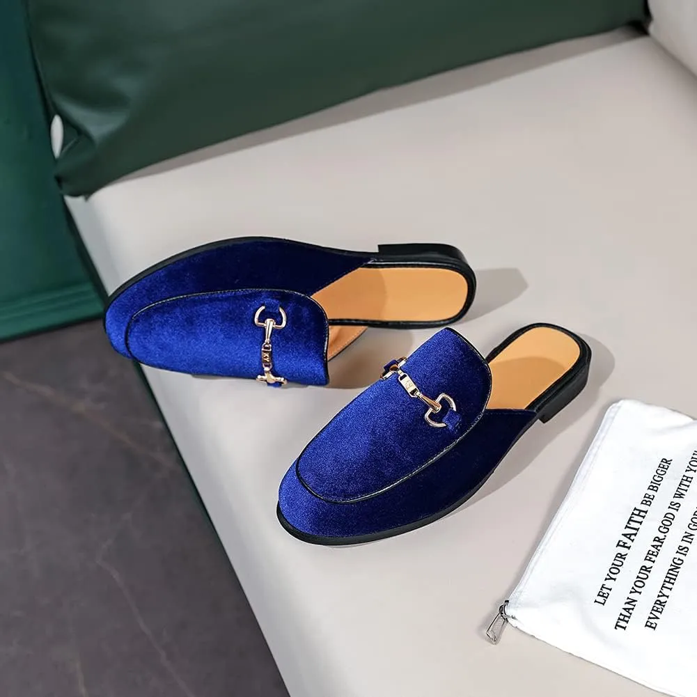 FLQL Mens Shoes Luxury Velvet Gold Buckle Slip-on Penny Loafers Casual Smoking Slippers Indoor Outdoor Sandals Black Size 7-13
