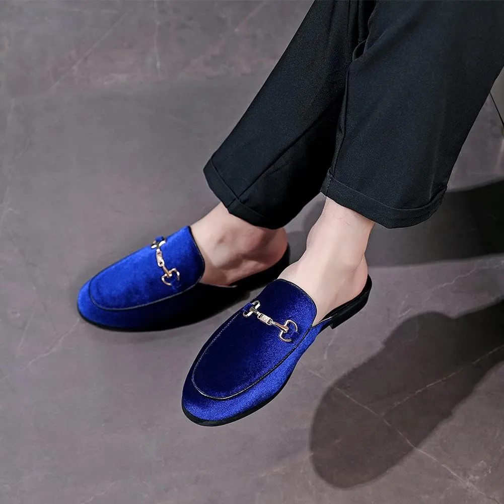 FLQL Mens Shoes Luxury Velvet Gold Buckle Slip-on Penny Loafers Casual Smoking Slippers Indoor Outdoor Sandals Black Size 7-13