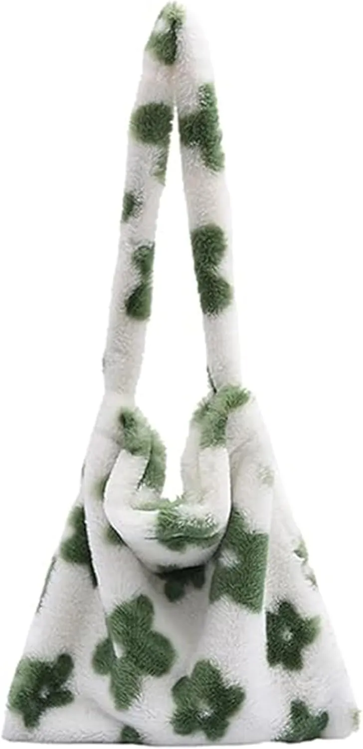 Fluffy Tote Bag Cute Plush Underarm Bag Y2K Furry Flower Heart Fuzzy Shoulder Bag for Women Autumn Winter