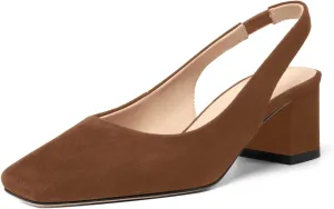 FOGEENA Womens Solid Suede Night Club Slip On Dress Square Toe Chunky Leather Low Heel Pumps Shoes 2 Inch
