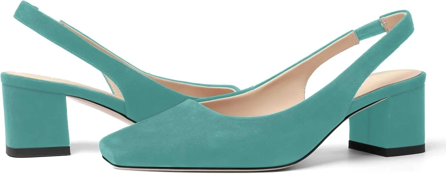 FOGEENA Womens Solid Suede Night Club Slip On Dress Square Toe Chunky Leather Low Heel Pumps Shoes 2 Inch