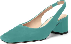 FOGEENA Womens Solid Suede Night Club Slip On Dress Square Toe Chunky Leather Low Heel Pumps Shoes 2 Inch