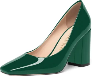 FOGEENA Womens Square Toe Slip On Sexy Patent Leather Party Block High Heel Pumps Shoes 3.34 Inch