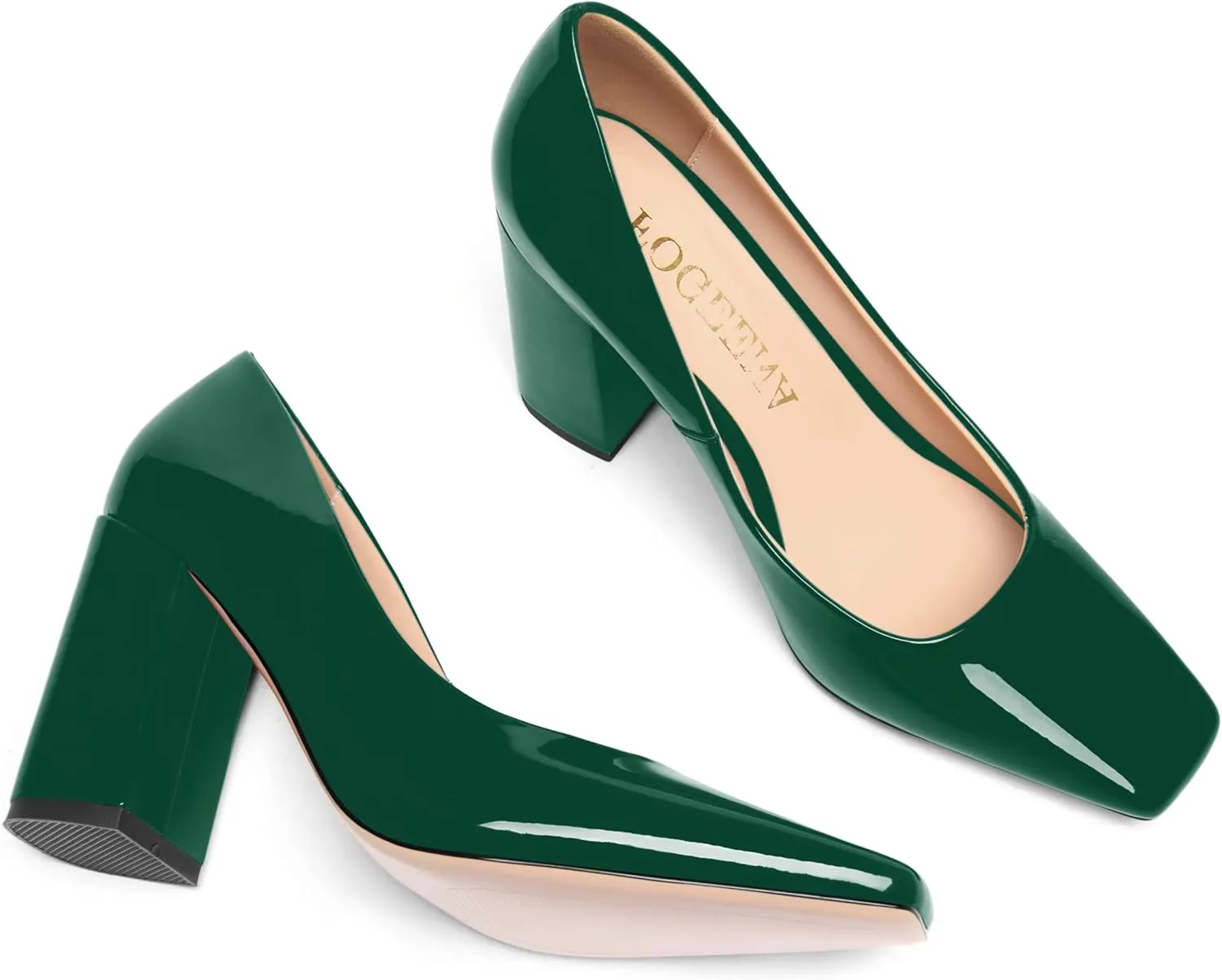 FOGEENA Womens Square Toe Slip On Sexy Patent Leather Party Block High Heel Pumps Shoes 3.34 Inch