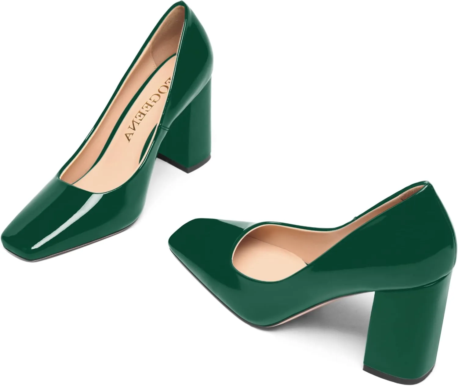 FOGEENA Womens Square Toe Slip On Sexy Patent Leather Party Block High Heel Pumps Shoes 3.34 Inch