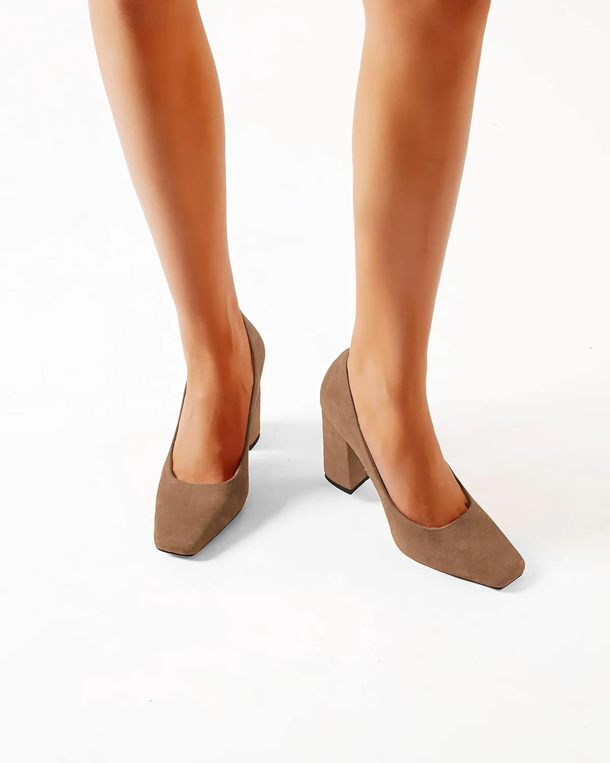 FOGEENA Womens Square Toe Suede Leather Dress Slip On Wedding Block High Heel Pumps Shoes 3.34 Inch