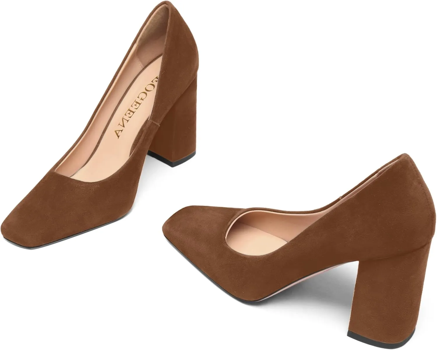 FOGEENA Womens Square Toe Suede Leather Dress Slip On Wedding Block High Heel Pumps Shoes 3.34 Inch