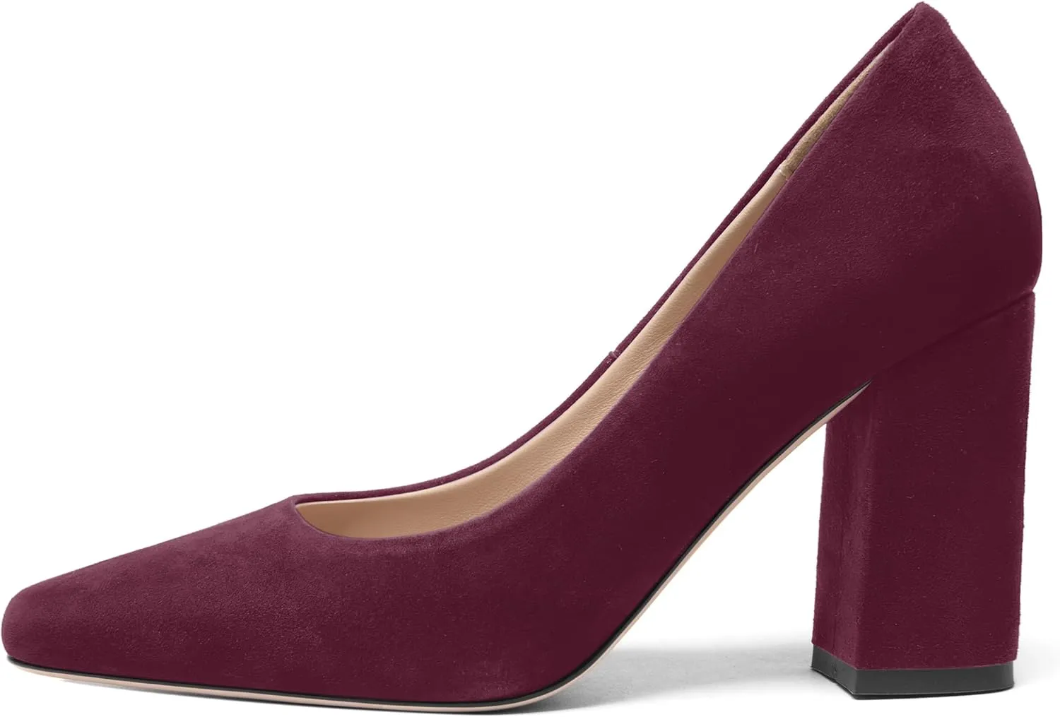 FOGEENA Womens Square Toe Suede Leather Dress Slip On Wedding Block High Heel Pumps Shoes 3.34 Inch