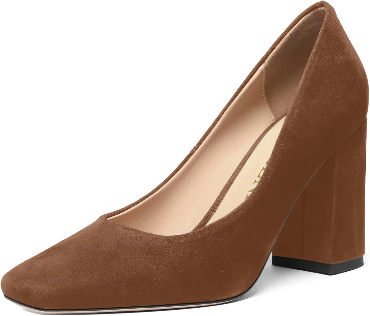 FOGEENA Womens Square Toe Suede Leather Dress Slip On Wedding Block High Heel Pumps Shoes 3.34 Inch