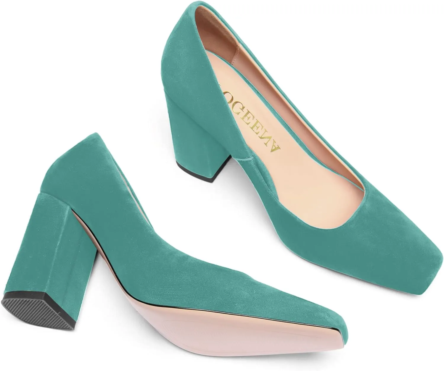 FOGEENA Womens Square Toe Suede Leather Dress Slip On Wedding Block High Heel Pumps Shoes 3.34 Inch