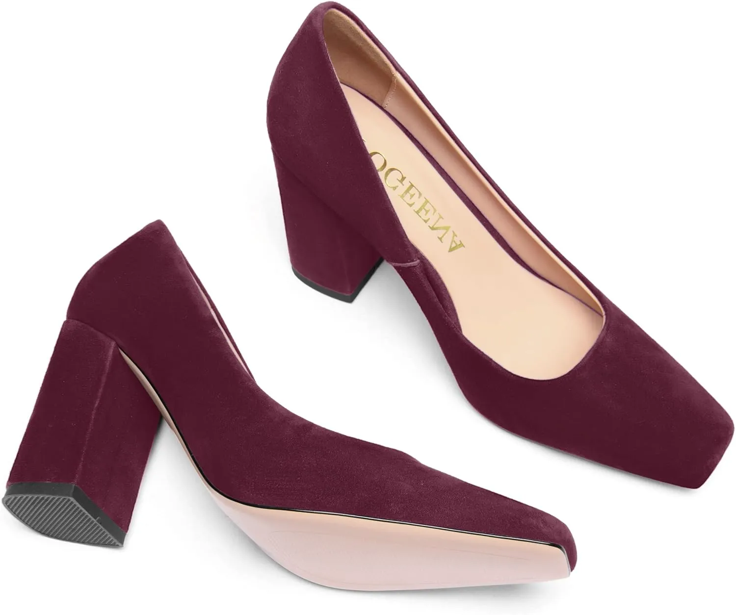 FOGEENA Womens Square Toe Suede Leather Dress Slip On Wedding Block High Heel Pumps Shoes 3.34 Inch
