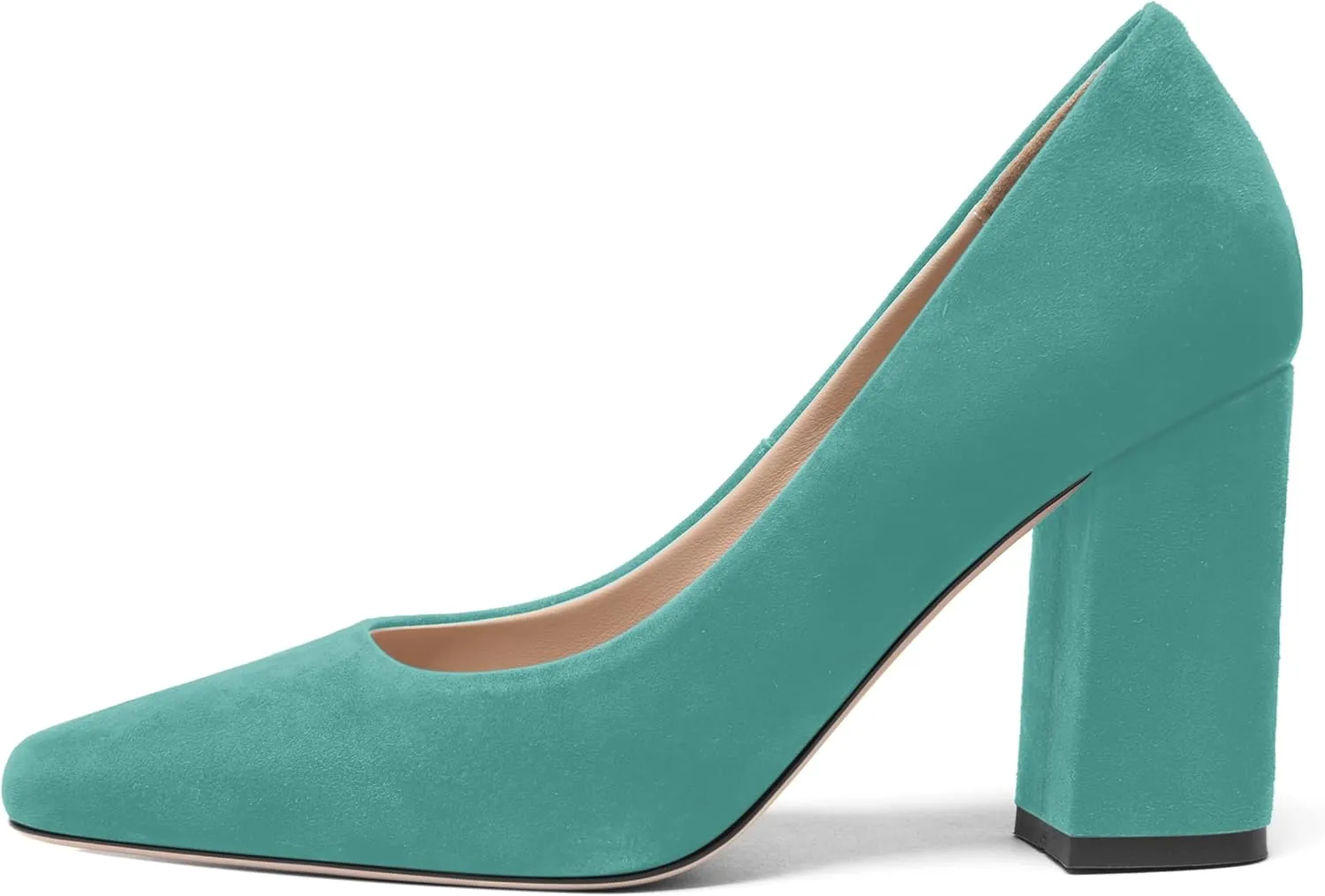 FOGEENA Womens Square Toe Suede Leather Dress Slip On Wedding Block High Heel Pumps Shoes 3.34 Inch