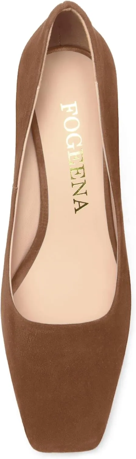 FOGEENA Womens Square Toe Suede Leather Dress Slip On Wedding Block High Heel Pumps Shoes 3.34 Inch