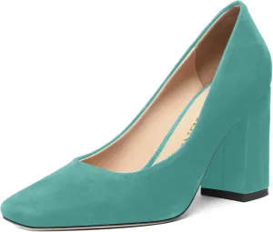 FOGEENA Womens Square Toe Suede Leather Dress Slip On Wedding Block High Heel Pumps Shoes 3.34 Inch