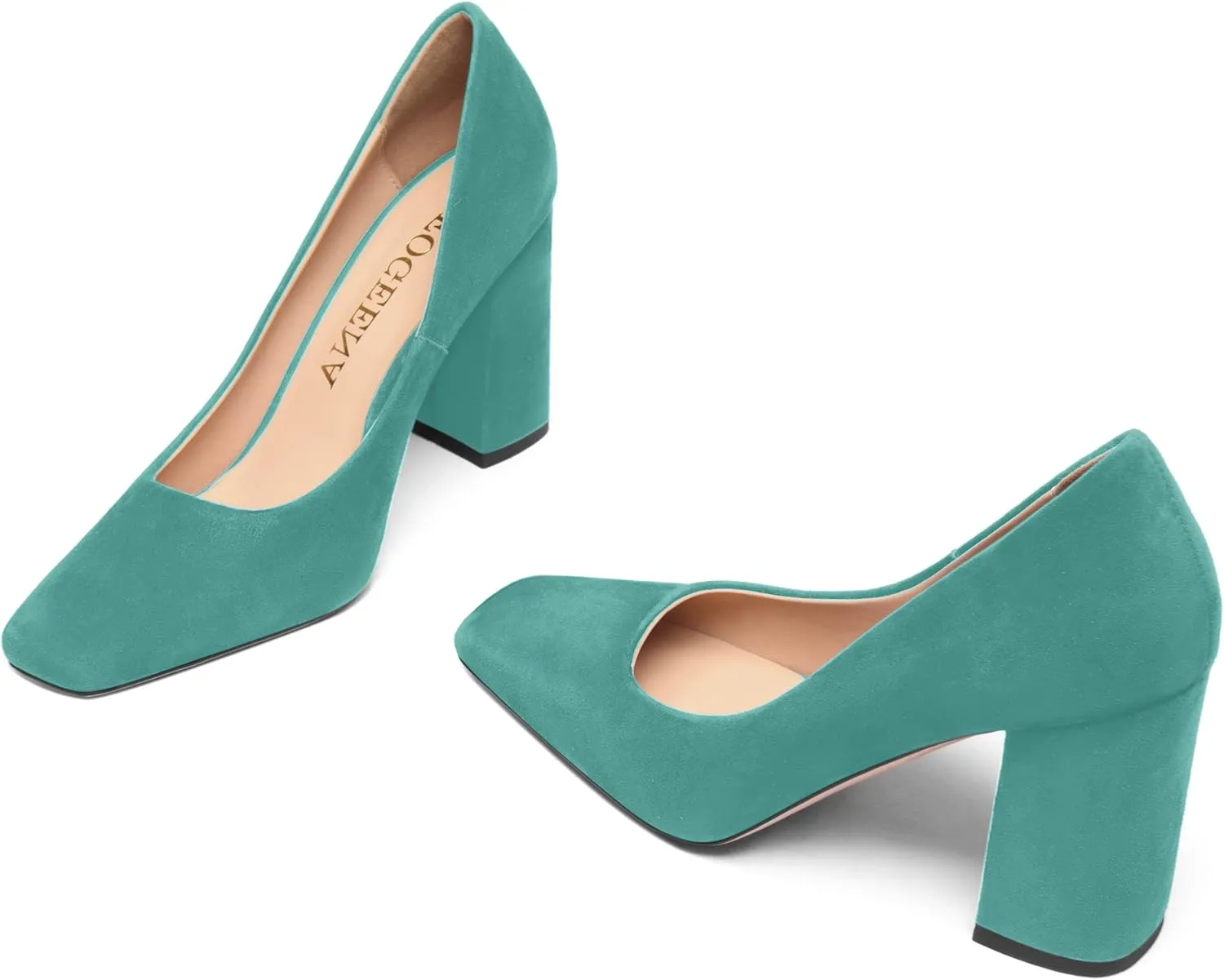 FOGEENA Womens Square Toe Suede Leather Dress Slip On Wedding Block High Heel Pumps Shoes 3.34 Inch