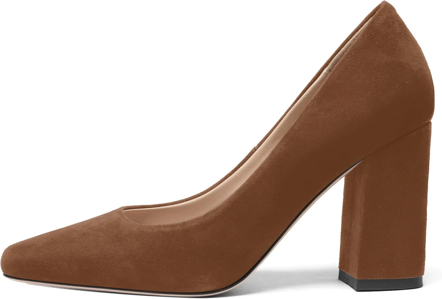 FOGEENA Womens Square Toe Suede Leather Dress Slip On Wedding Block High Heel Pumps Shoes 3.34 Inch