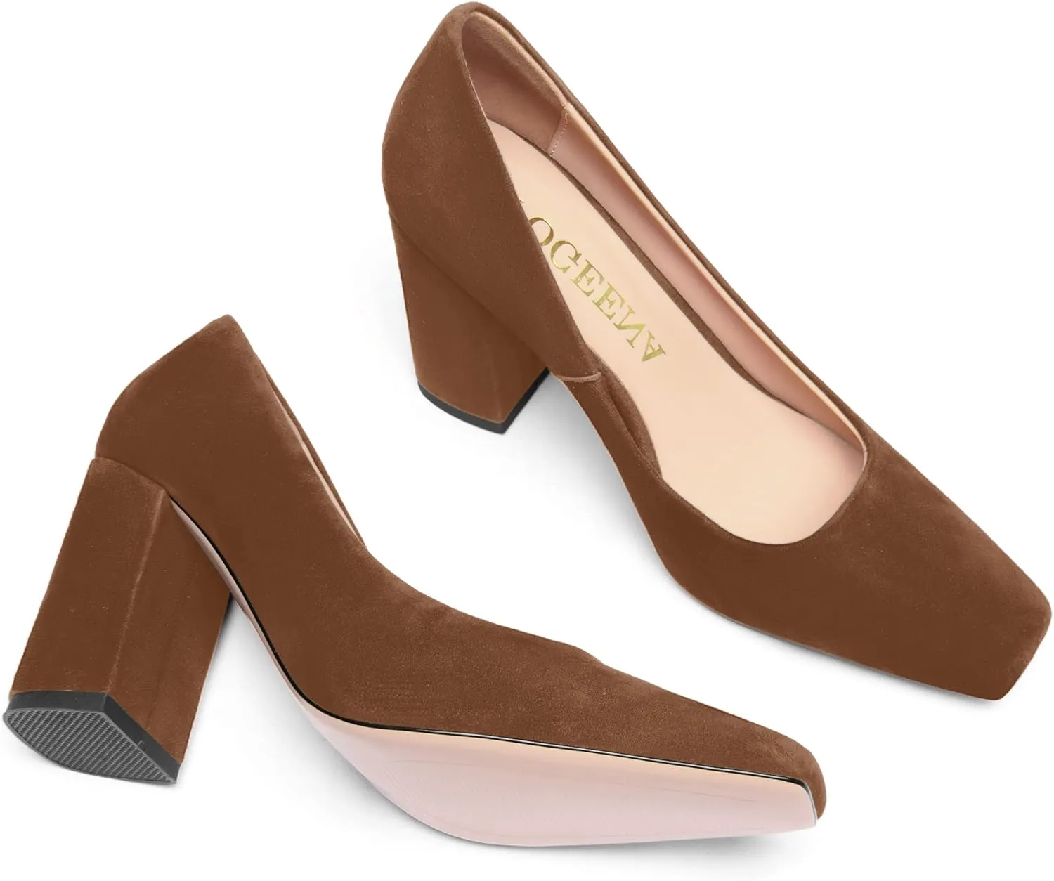 FOGEENA Womens Square Toe Suede Leather Dress Slip On Wedding Block High Heel Pumps Shoes 3.34 Inch