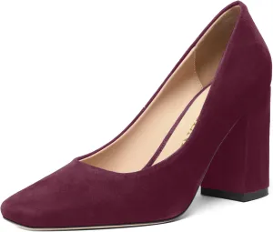 FOGEENA Womens Square Toe Suede Leather Dress Slip On Wedding Block High Heel Pumps Shoes 3.34 Inch