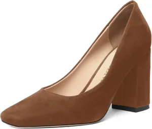 FOGEENA Womens Square Toe Suede Leather Dress Slip On Wedding Block High Heel Pumps Shoes 3.34 Inch
