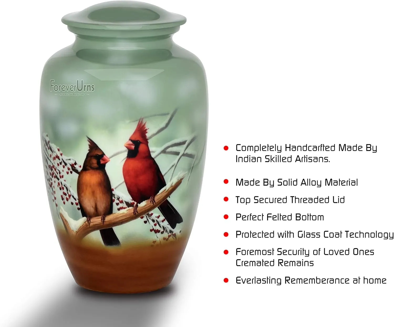 Forever URNS Adult Cremation Funeral Customized Urn with Printed Cardinal Birds Theme for Human Ashes of Female & Male | 320 cu in | Extra Large | Black | Handcrafted with Velvet Protection Bag