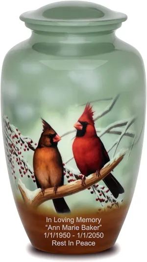 Forever URNS Adult Cremation Funeral Customized Urn with Printed Cardinal Birds Theme for Human Ashes of Female & Male | 320 cu in | Extra Large | Black | Handcrafted with Velvet Protection Bag