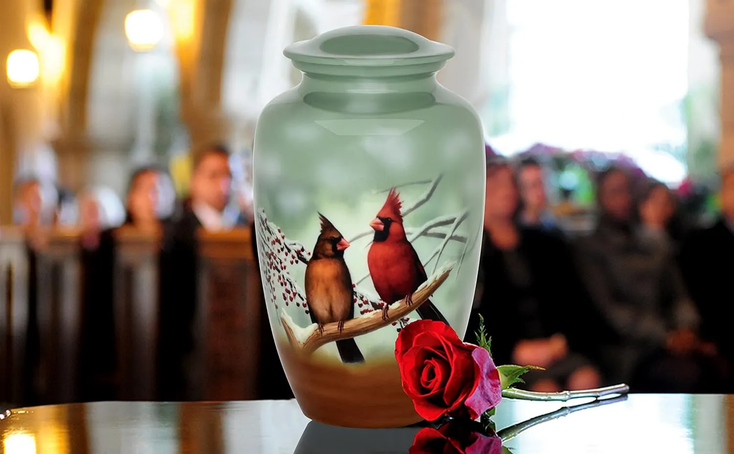 Forever URNS Adult Cremation Funeral Customized Urn with Printed Cardinal Birds Theme for Human Ashes of Female & Male | 320 cu in | Extra Large | Black | Handcrafted with Velvet Protection Bag