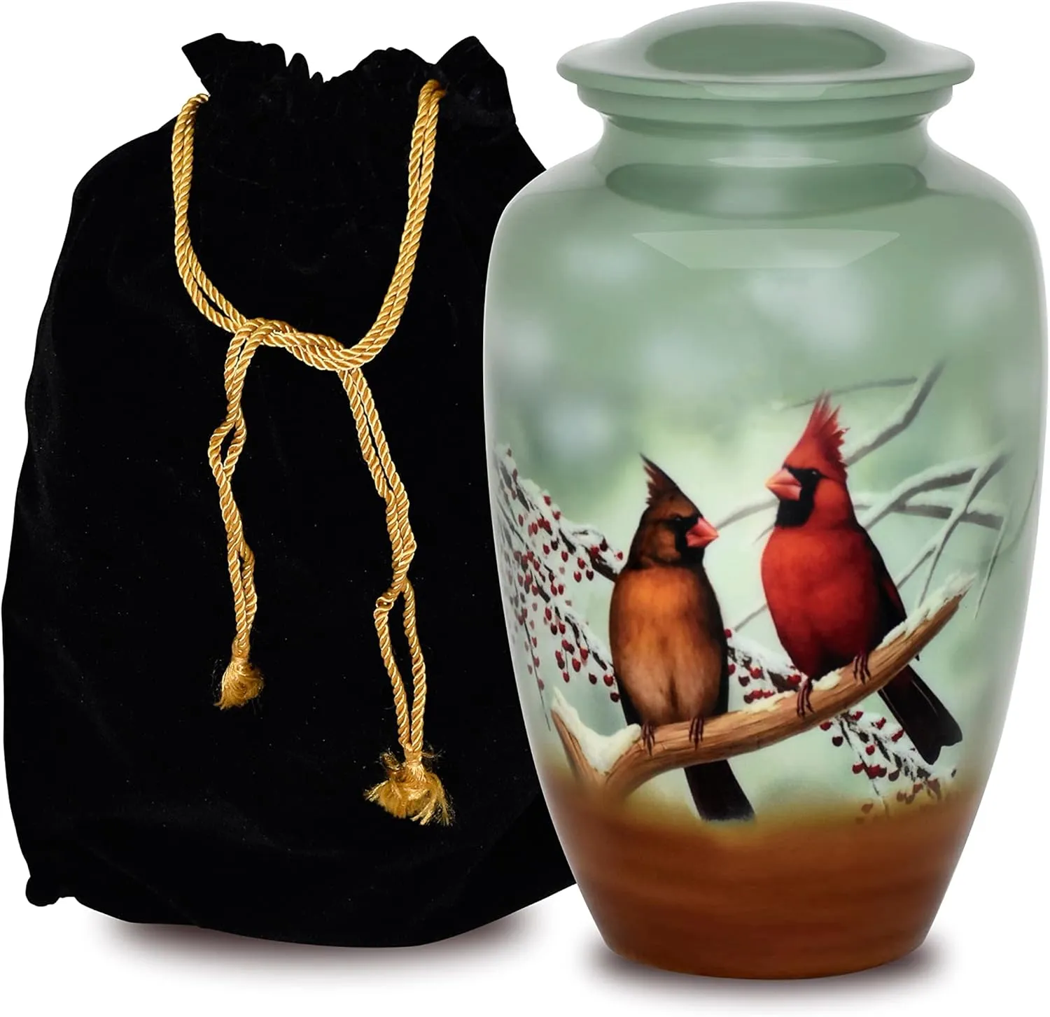 Forever URNS Adult Cremation Funeral Customized Urn with Printed Cardinal Birds Theme for Human Ashes of Female & Male | 320 cu in | Extra Large | Black | Handcrafted with Velvet Protection Bag