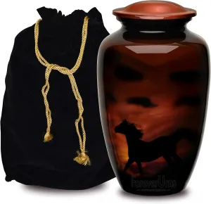 Forever URNS Adult Cremation Funeral Urn with Printed Black Horse in Evening Sunlight Theme for Human Ashes of Female & Male | 200 cu in | Large | Completely Handcrafted with Velvet Protection Bag