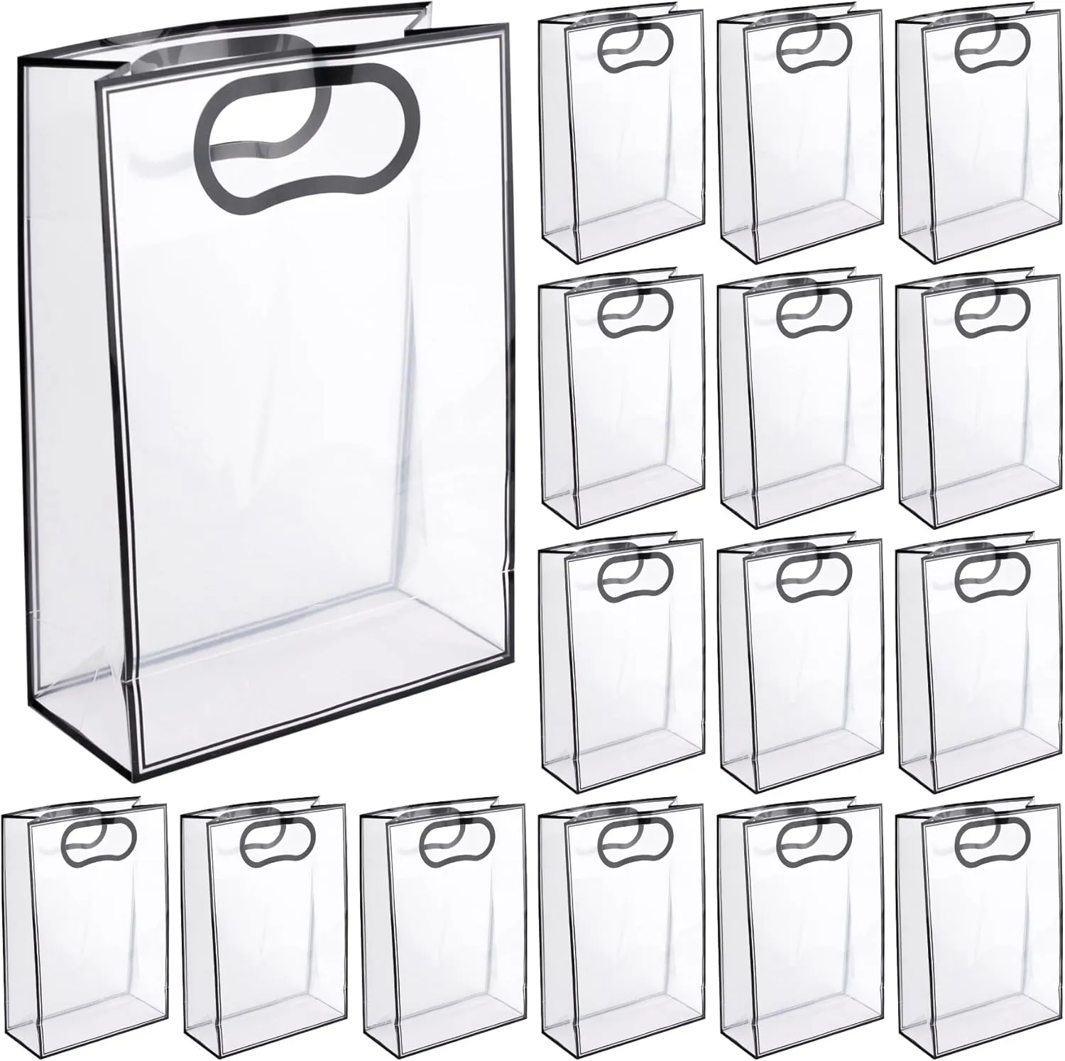 Framendino, 20 Pack Clear PVC Bags with Handles Transparent Plastic Wrap Tote Bag Heavy Duty for Wedding Bridal Shower Party Favor (Black Trim)