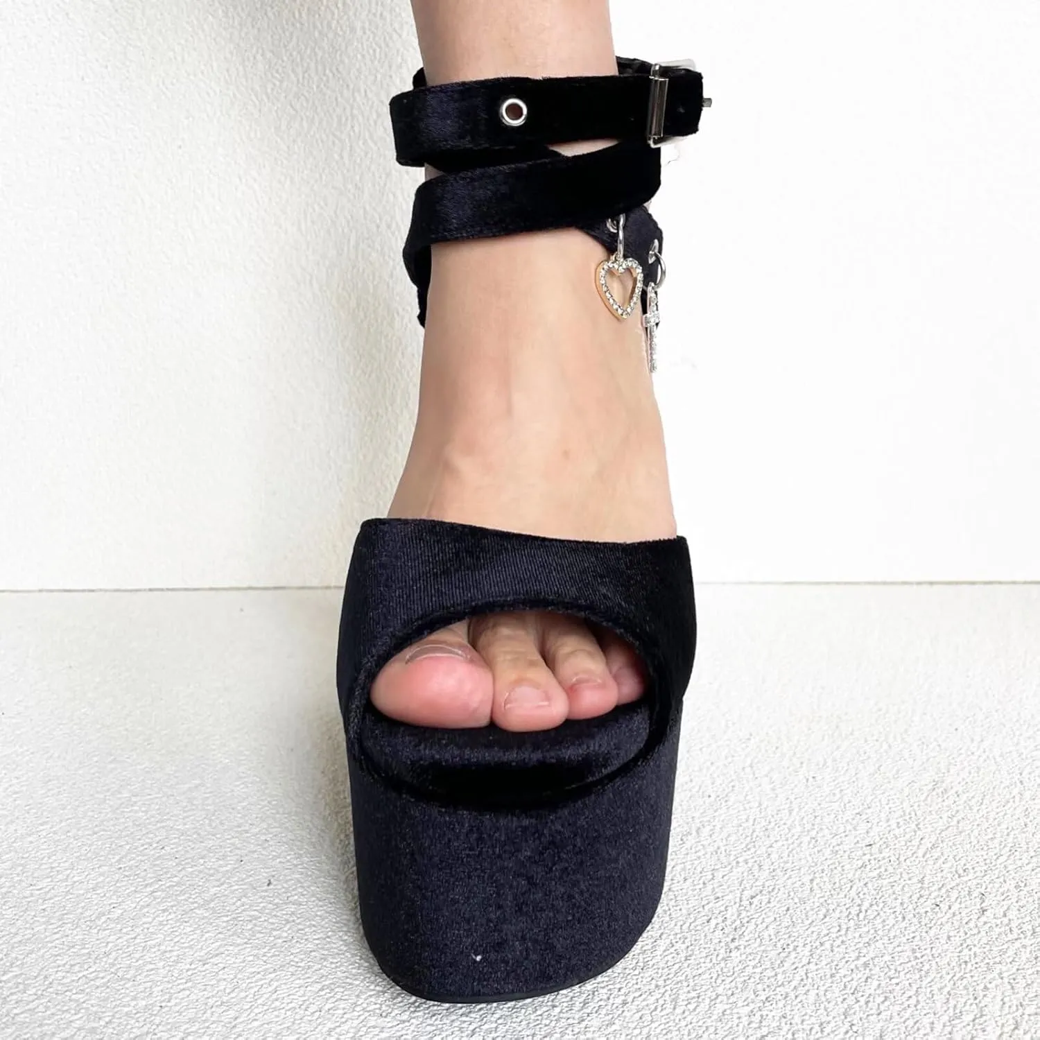 Frankie Hsu Fashion Halloween Goth Gemstone Rhinestone Cross Heart Bead Chain Platform Chunky Cute Cool Girl Cosplay Large Size Black Velvet Block High Heeles Ankle Strap Pumps Bootie Shoes
