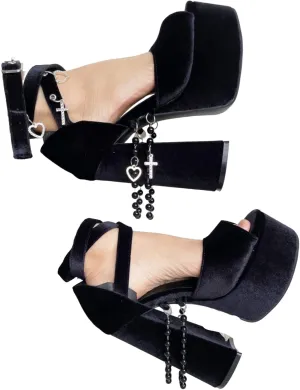 Frankie Hsu Fashion Halloween Goth Gemstone Rhinestone Cross Heart Bead Chain Platform Chunky Cute Cool Girl Cosplay Large Size Black Velvet Block High Heeles Ankle Strap Pumps Bootie Shoes