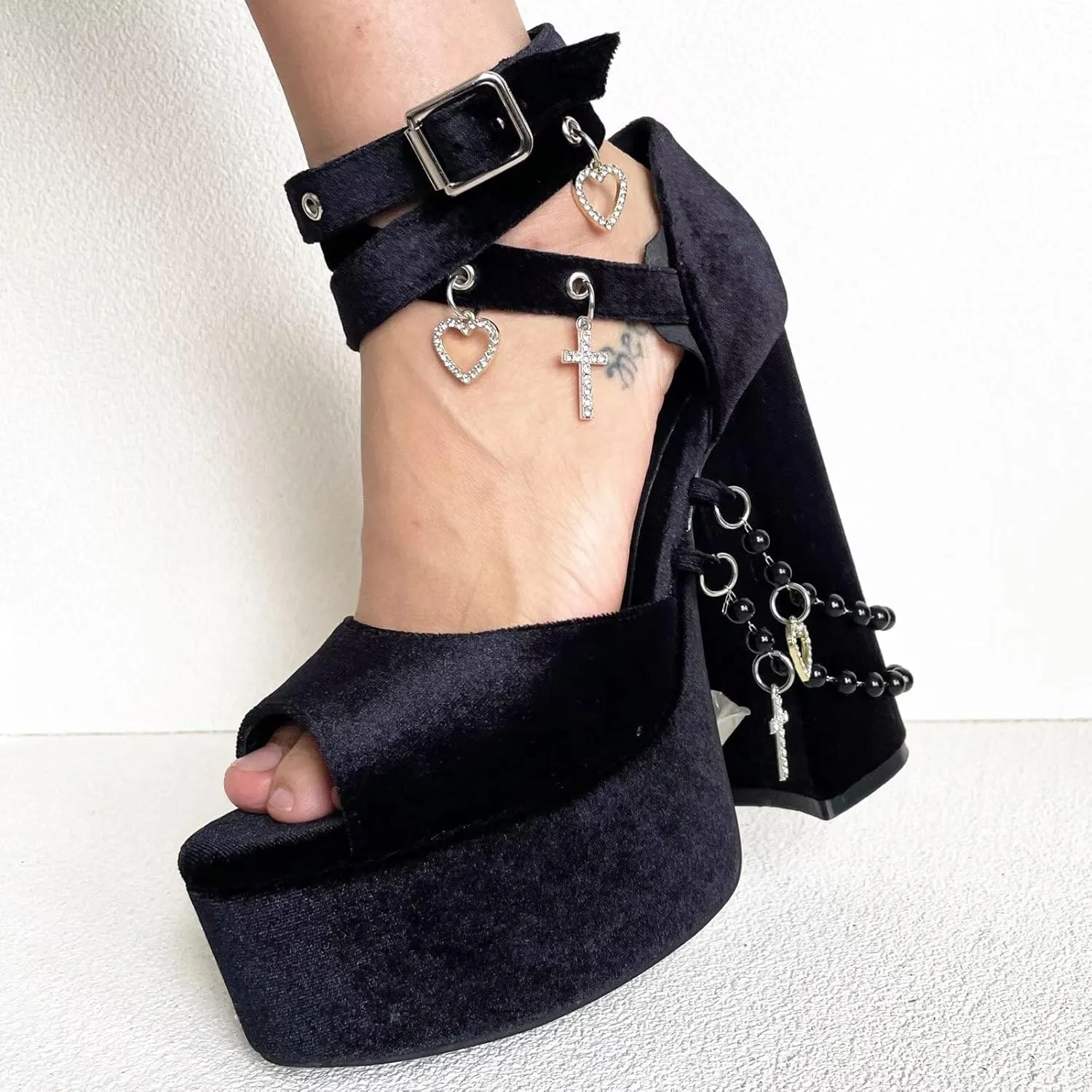 Frankie Hsu Fashion Halloween Goth Gemstone Rhinestone Cross Heart Bead Chain Platform Chunky Cute Cool Girl Cosplay Large Size Black Velvet Block High Heeles Ankle Strap Pumps Bootie Shoes