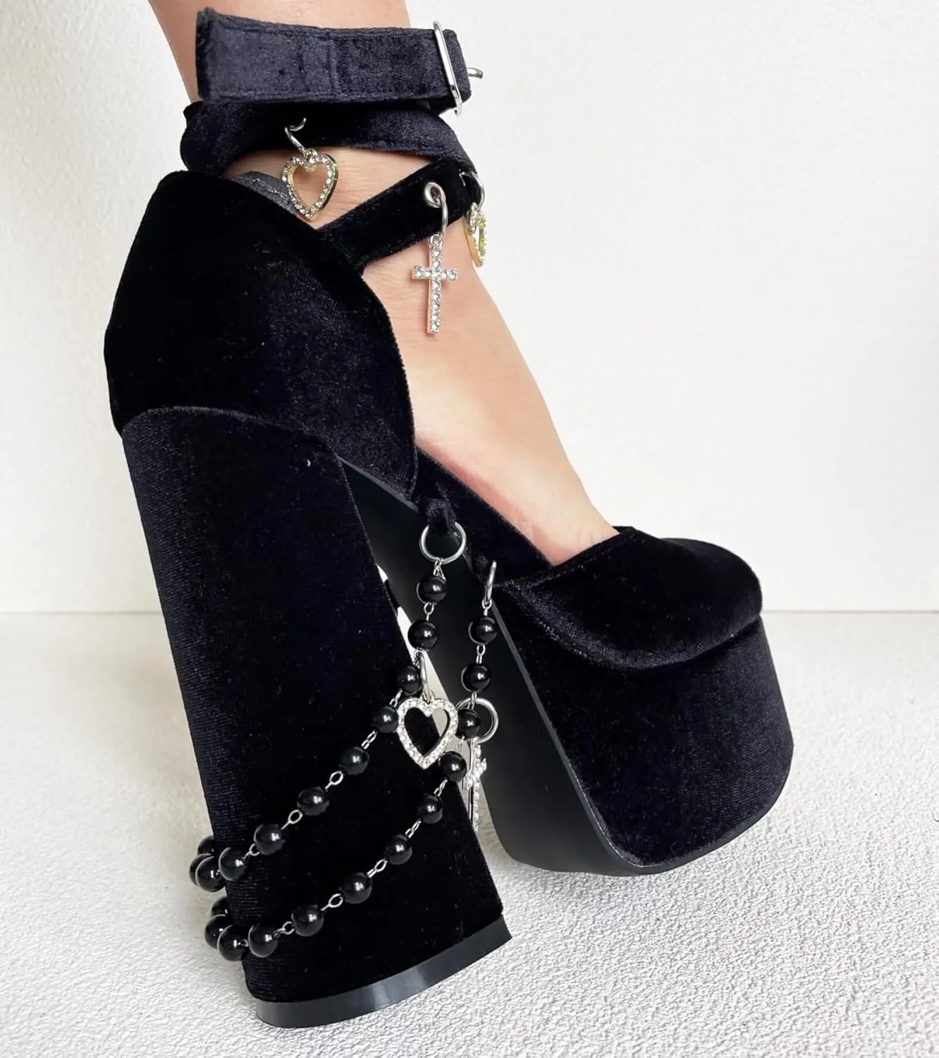 Frankie Hsu Fashion Halloween Goth Gemstone Rhinestone Cross Heart Bead Chain Platform Chunky Cute Cool Girl Cosplay Large Size Black Velvet Block High Heeles Ankle Strap Pumps Bootie Shoes
