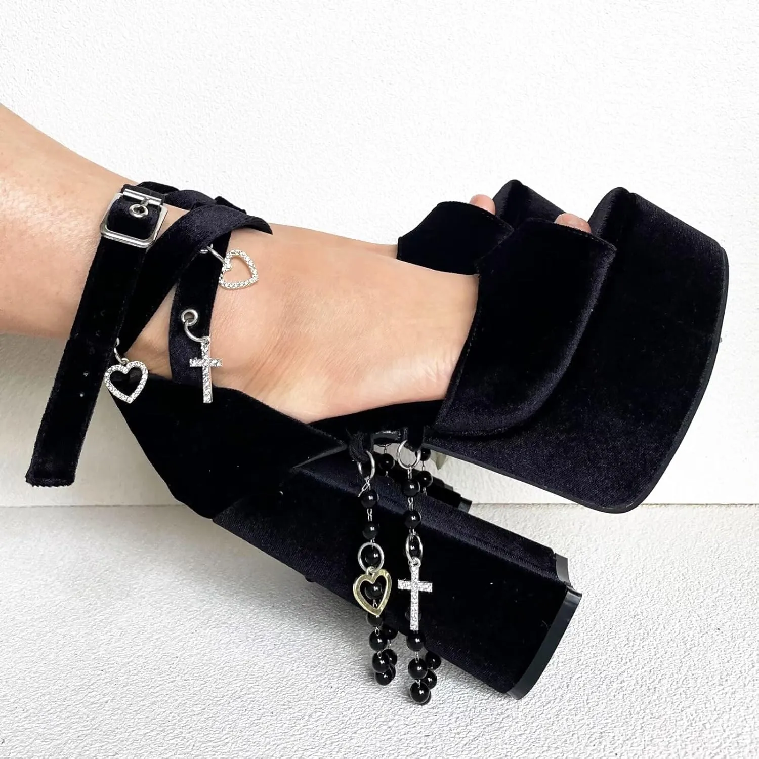 Frankie Hsu Fashion Halloween Goth Gemstone Rhinestone Cross Heart Bead Chain Platform Chunky Cute Cool Girl Cosplay Large Size Black Velvet Block High Heeles Ankle Strap Pumps Bootie Shoes