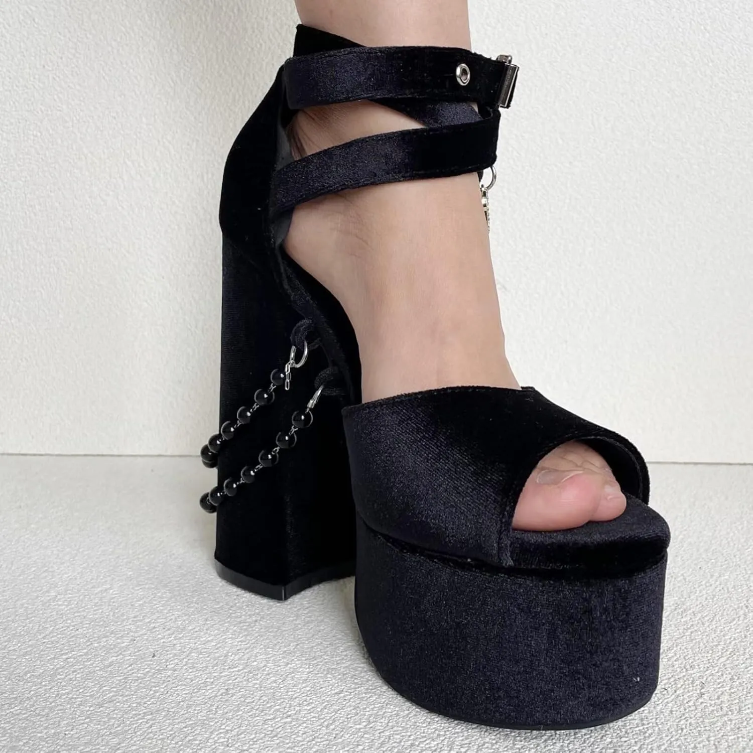 Frankie Hsu Fashion Halloween Goth Gemstone Rhinestone Cross Heart Bead Chain Platform Chunky Cute Cool Girl Cosplay Large Size Black Velvet Block High Heeles Ankle Strap Pumps Bootie Shoes