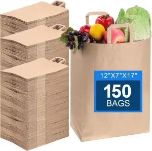 Fuutreo 150 Pcs Paper Grocery Bags Bulk with Handles 12"x7"x17" 70 Lb Heavy Duty Large Kraft Brown Grocery Bags for Shopping Gift Takeout Retail