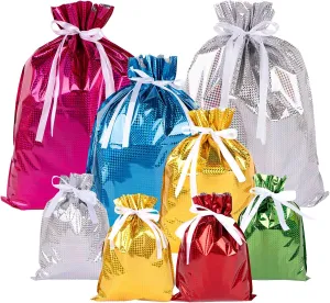 G2PLUS 20PCS Christmas Drawstring Gift Bags Assorted Sizes, Goodie Bags with Ribbon, Solid Color Aluminum Foil Christmas Bag, Present Wrapping Bag for Packages, Holidays, and Birthday Party