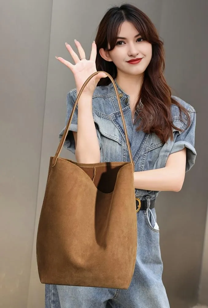 Genuine Leather Bucket Shoulder Bags for Women Ladies Large Tote Purse Handbags Soft Suede Working Satchel