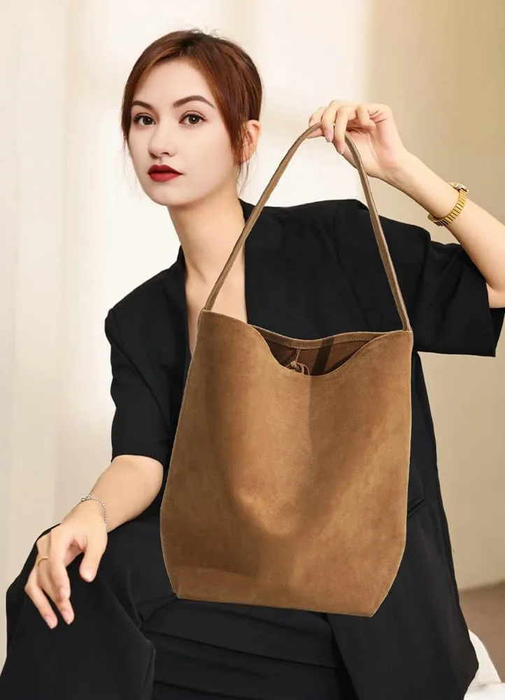 Genuine Leather Bucket Shoulder Bags for Women Ladies Large Tote Purse Handbags Soft Suede Working Satchel