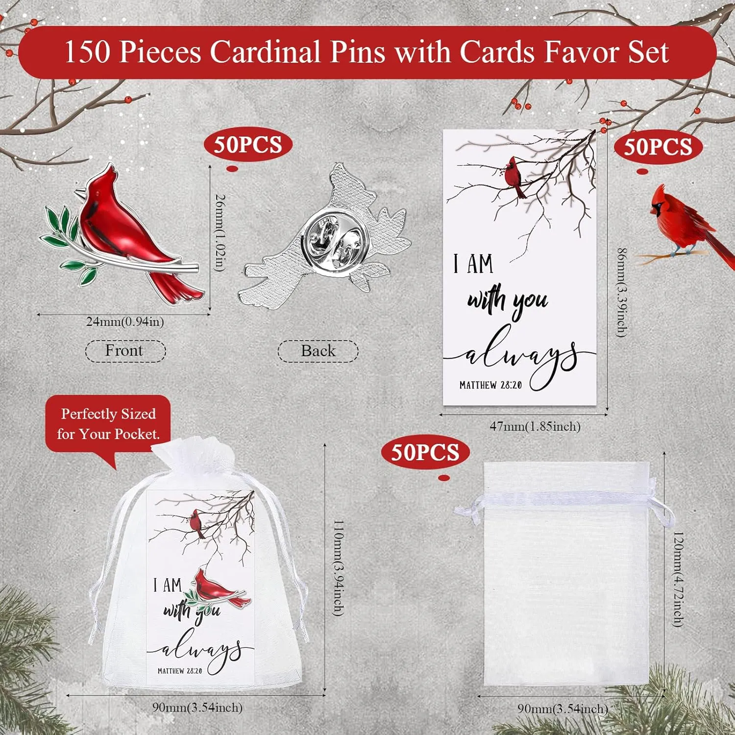 Geosar Set of 50 Memorial Cardinal Sign Pins Set Funeral Pocket Token Guardian Pocket Oil Dropped Cardinal Pins I Am with You Always Cards Organza Bags Religious Presents(Classic)