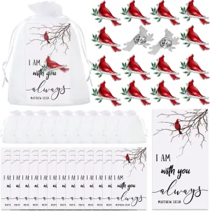 Geosar Set of 50 Memorial Cardinal Sign Pins Set Funeral Pocket Token Guardian Pocket Oil Dropped Cardinal Pins I Am with You Always Cards Organza Bags Religious Presents(Classic)