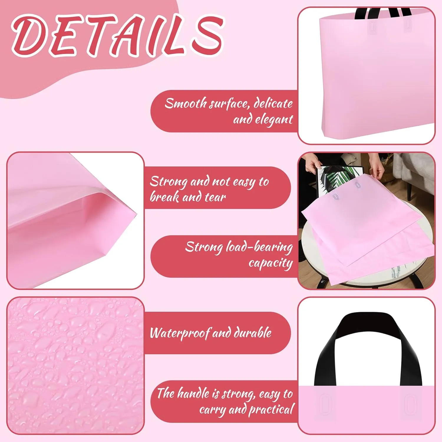 Geyee 100 Pack 9 x 12 Inch Pink Plastic Shopping Bags for Small Business Boutique Merchandise Bags with Handles Gift Bulk