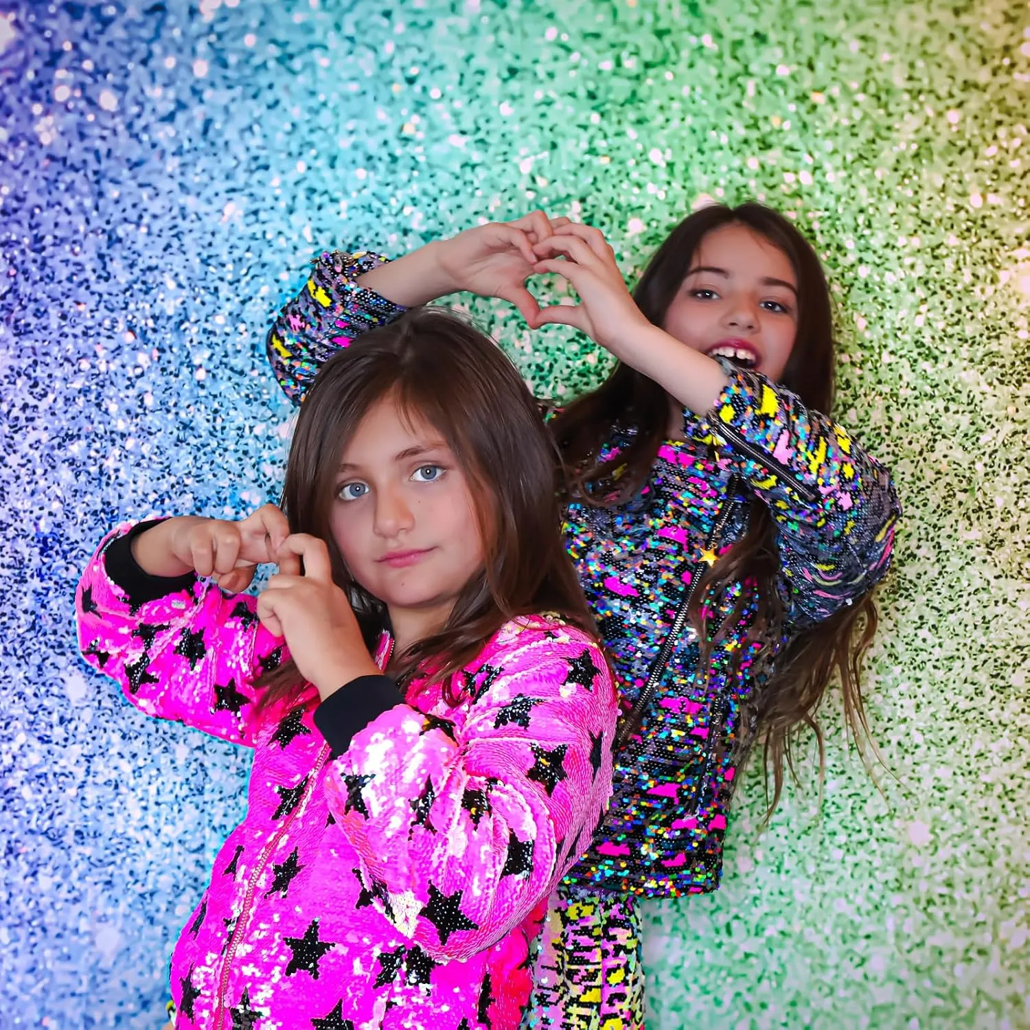 Girls Hot Pink Bomber Jacket with Stars Flip Sequin - Side Pockets, Metallic Zipper with Silver Star Slider