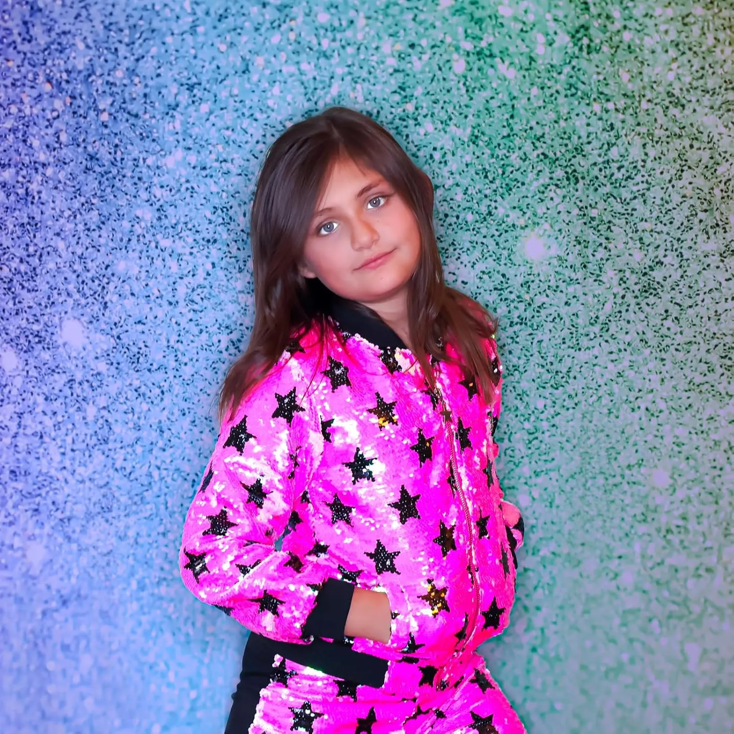 Girls Hot Pink Bomber Jacket with Stars Flip Sequin - Side Pockets, Metallic Zipper with Silver Star Slider