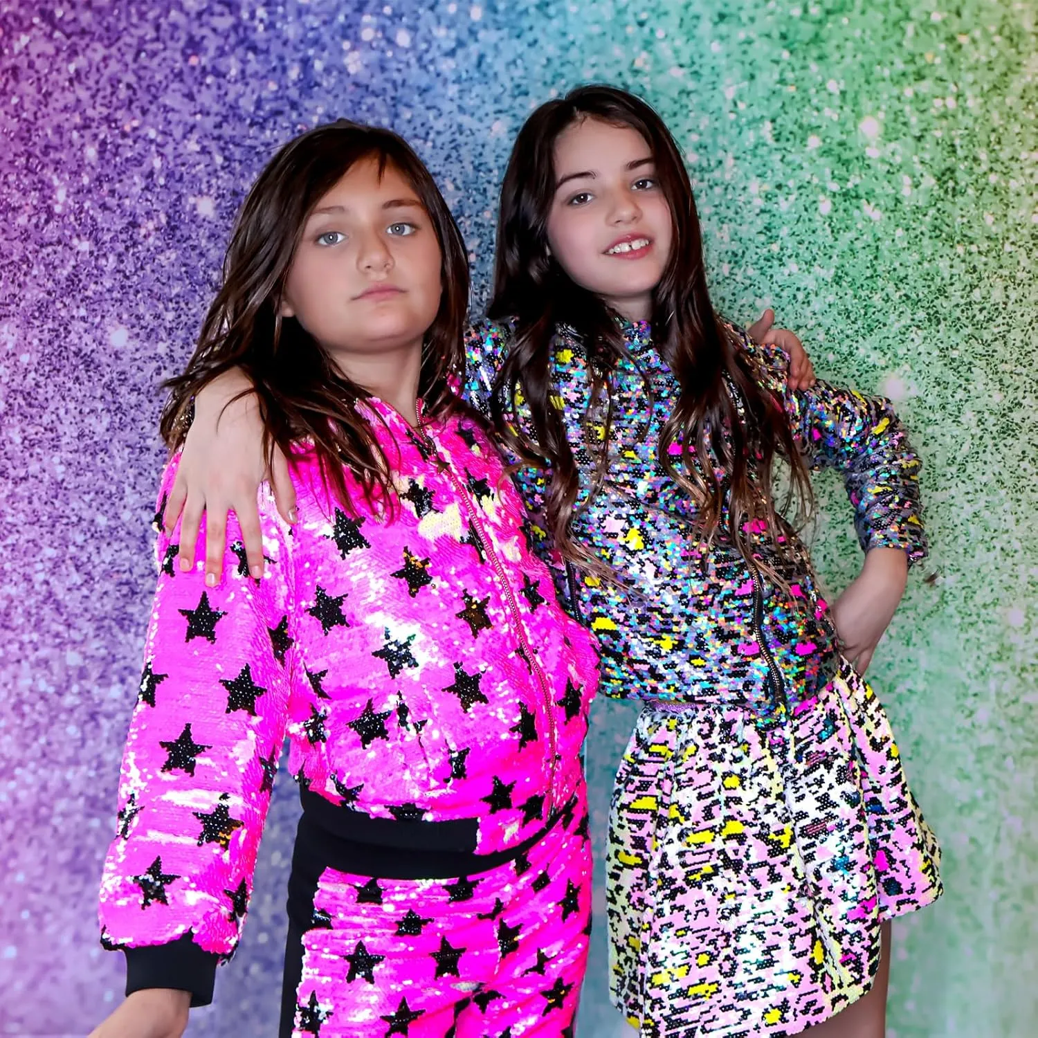 Girls Hot Pink Bomber Jacket with Stars Flip Sequin - Side Pockets, Metallic Zipper with Silver Star Slider