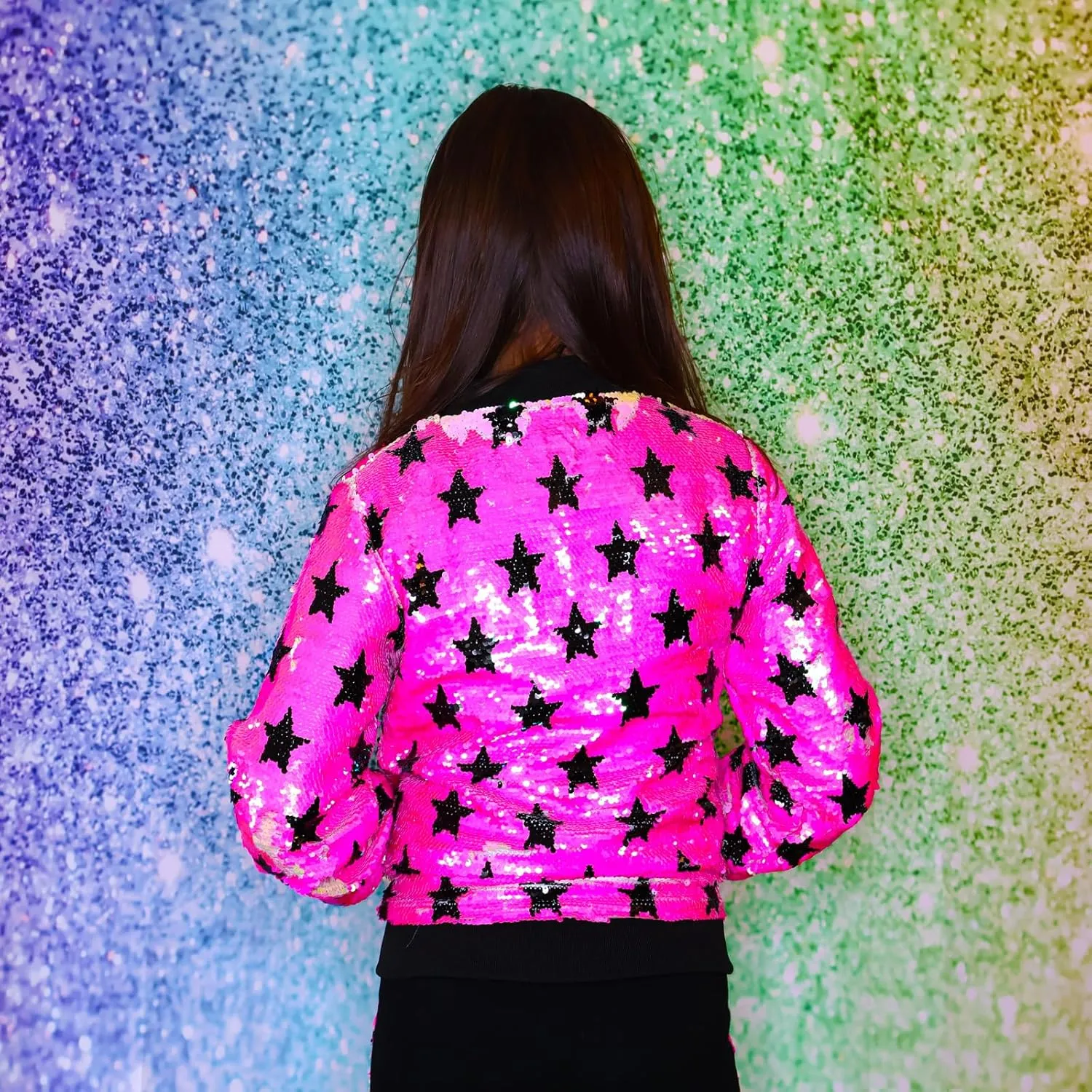 Girls Hot Pink Bomber Jacket with Stars Flip Sequin - Side Pockets, Metallic Zipper with Silver Star Slider