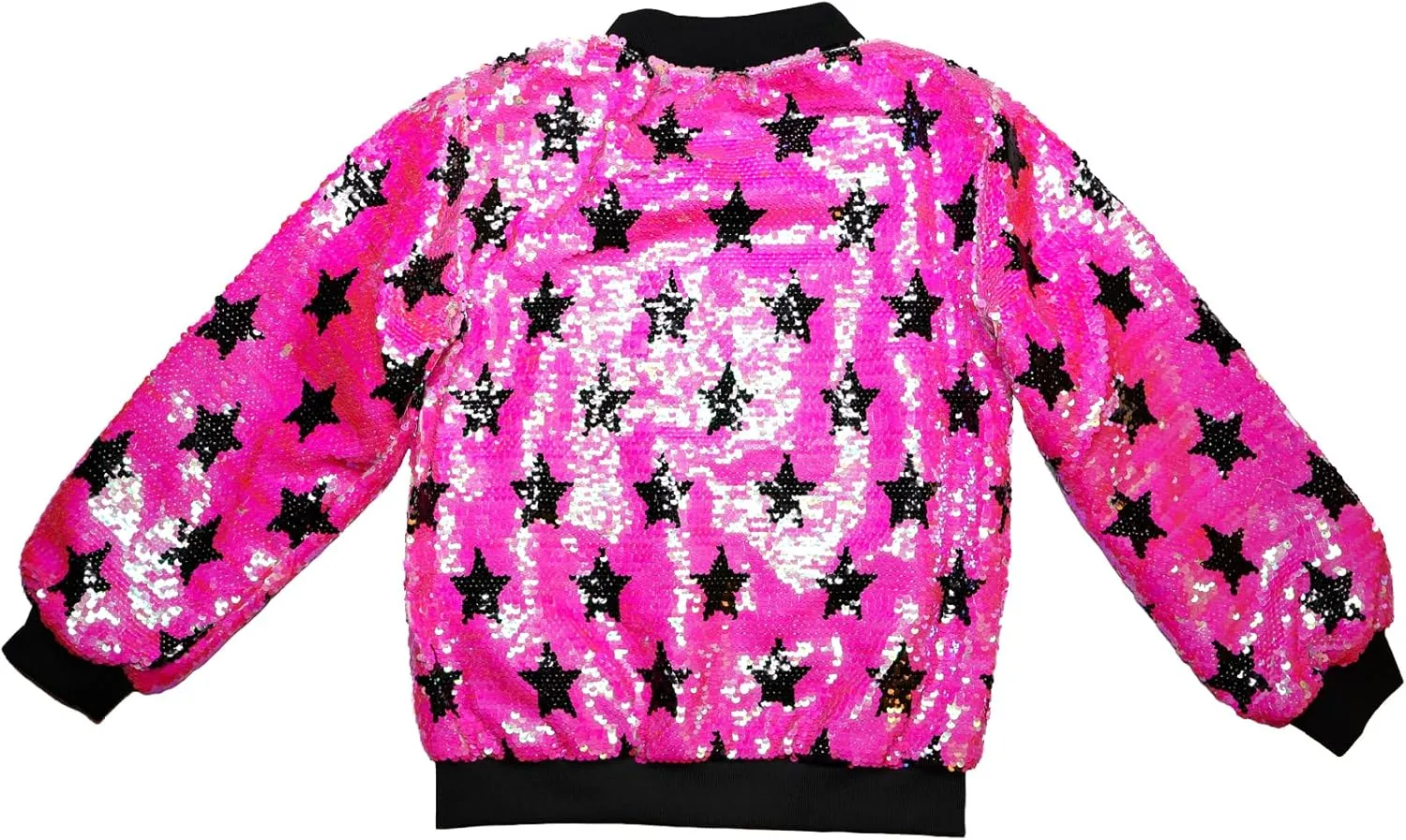 Girls Hot Pink Bomber Jacket with Stars Flip Sequin - Side Pockets, Metallic Zipper with Silver Star Slider