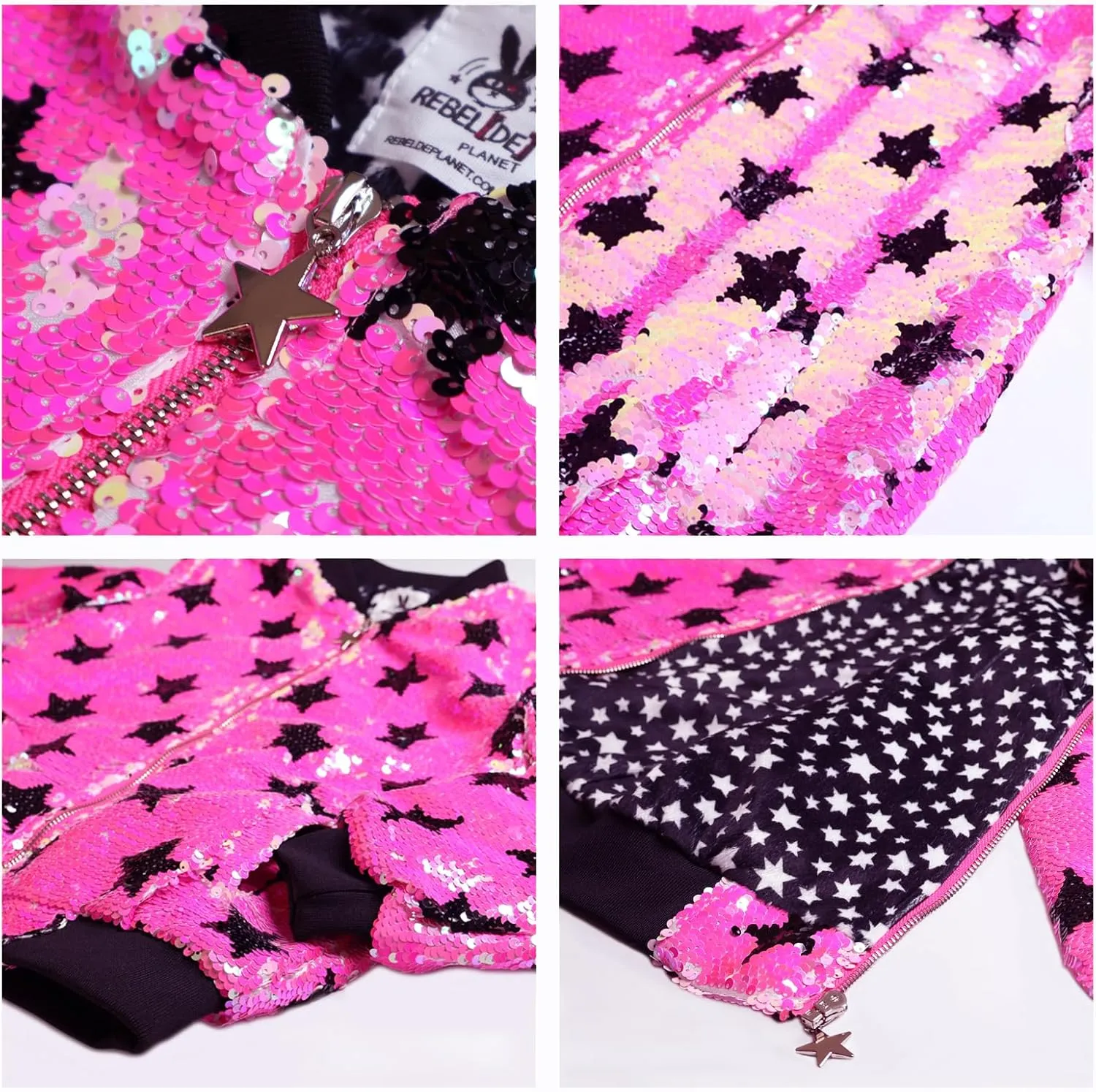 Girls Hot Pink Bomber Jacket with Stars Flip Sequin - Side Pockets, Metallic Zipper with Silver Star Slider