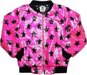 Girls Hot Pink Bomber Jacket with Stars Flip Sequin - Side Pockets, Metallic Zipper with Silver Star Slider