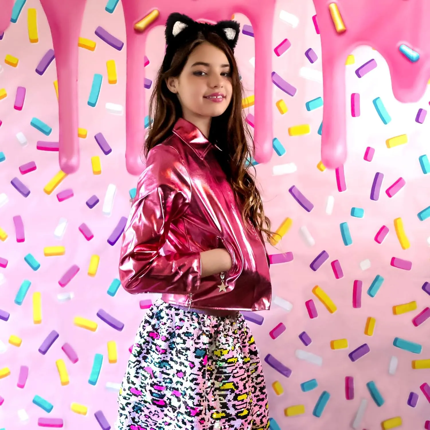 Girls Metallic Jacket, Silver/Pink Faux Leather Biker Jacket with Rainbow Heart Patch, Side Pockets